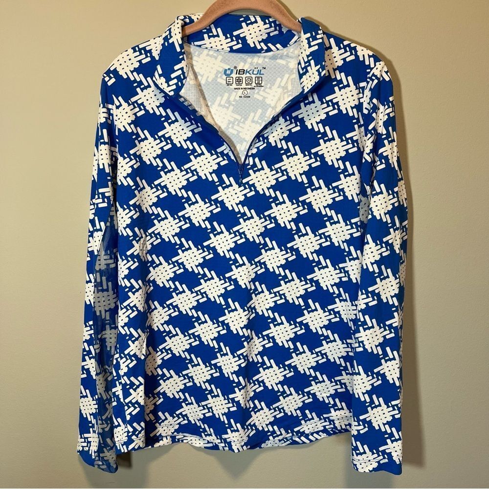 IBKUL Women’s Blue White UPF Quarter Zip‎ Pullover Large Arm Vent